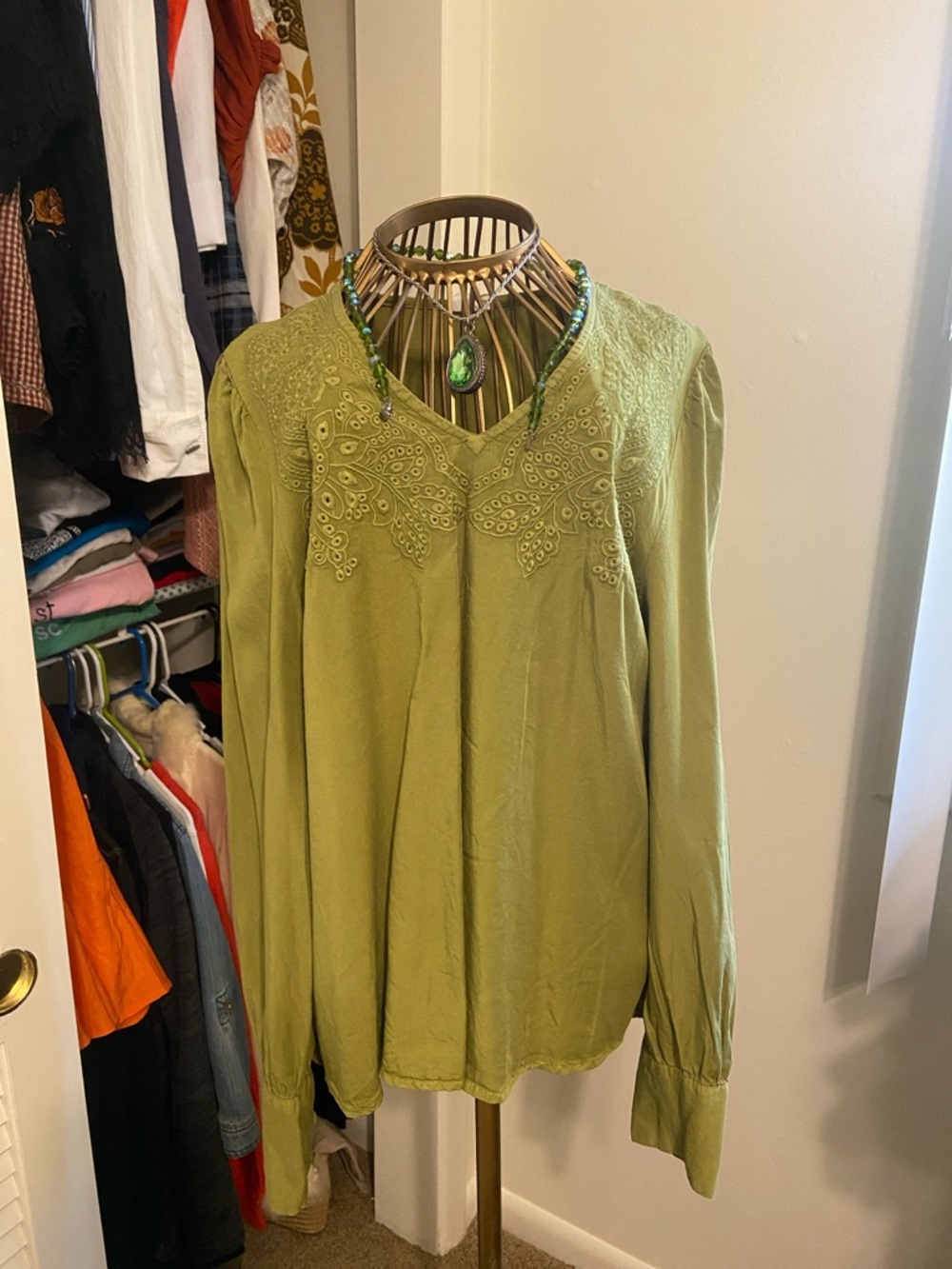Joie Olive Green Embroidered V‑Neck Long Sleeve Blouse